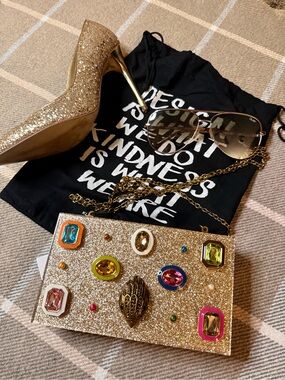 Kurt Geiger Gold Glitter Gemstone Clutch bag or Crossbody 🔥NWT🔥Sold Out